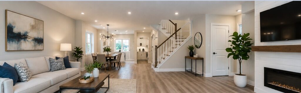 Home renovation in Brampton with open-concept living space and modern interior finishes