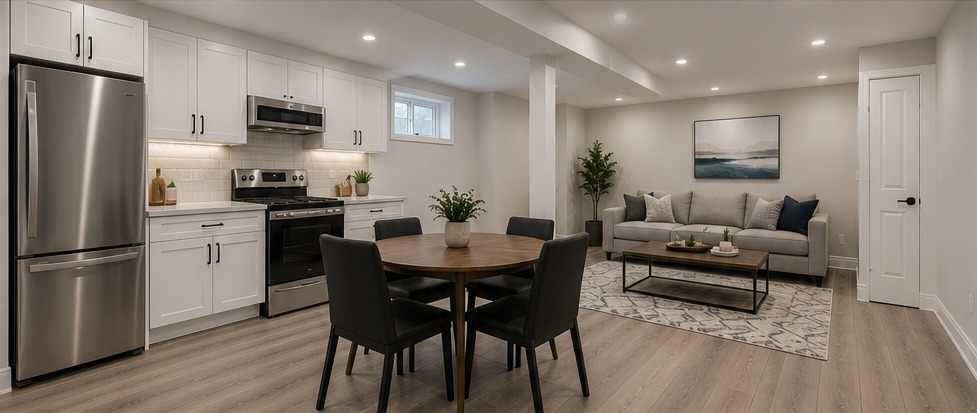 Basement apartment conversion in Brampton with kitchen and living area