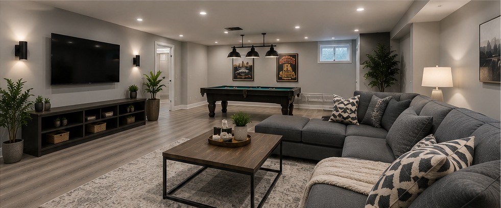 Basement recreation room renovation in Brampton for family entertainment